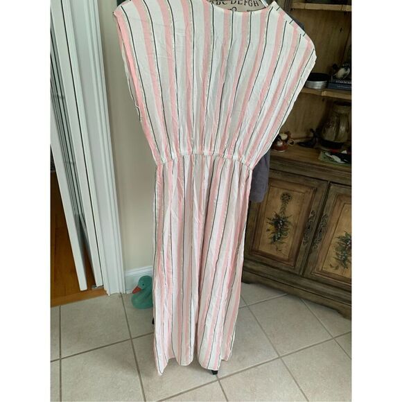 Blue Island Rose Pink White & Gold Metallic Thread Striped Maxi Dress - Picture 7 of 9